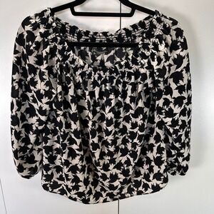 Zara Trafaluc Black White Bird Print Blouse Off Shoulder Smocked Neckline M‎